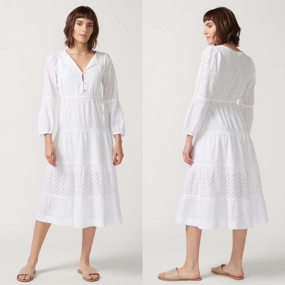 Self Contrast Ana 3/4 Sleeves White Cotton Eyelet Summer Midi Dress (Sz S)